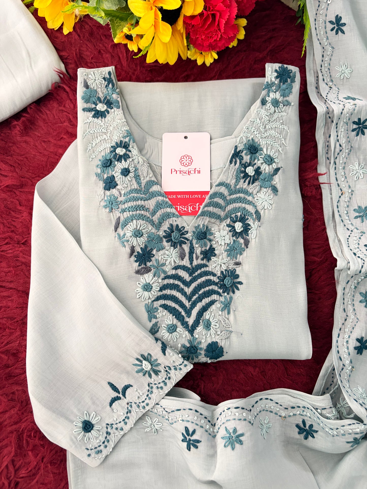 Blue Embroidered Ethnic Kurta set with Pants and Dupatta For Women's | Festive Party Wear Suit Set