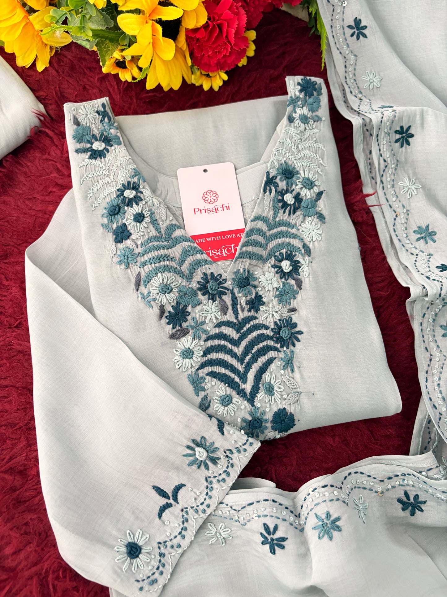 Blue Embroidered Ethnic Kurta set with Pants and Dupatta For Women's | Festive Party Wear Suit Set