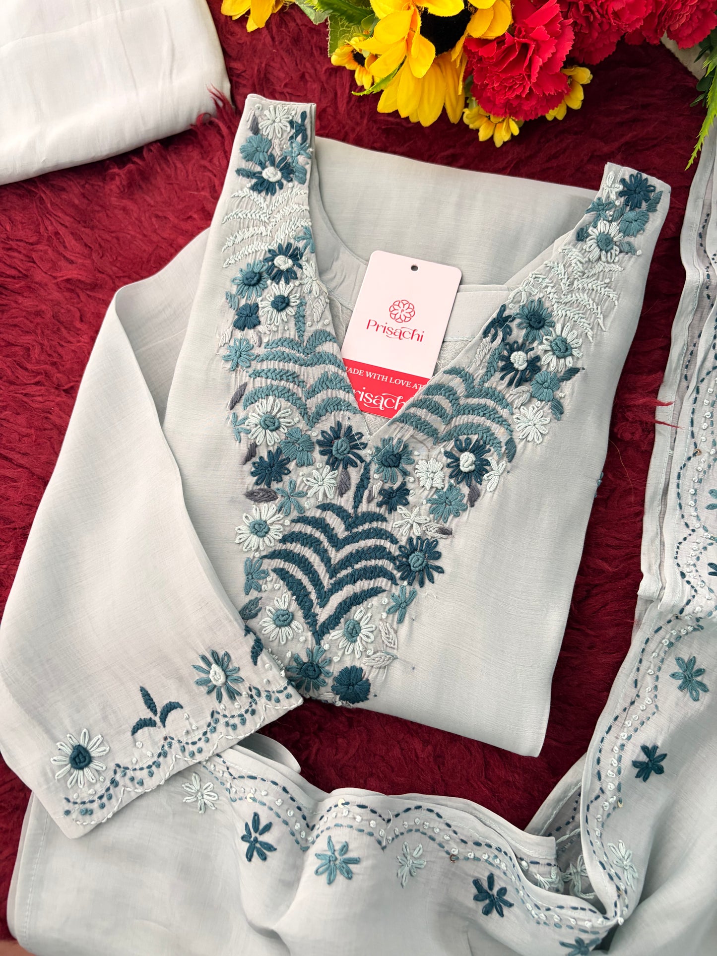 Blue Embroidered Ethnic Kurta set with Pants and Dupatta For Women's | Festive Party Wear Suit Set