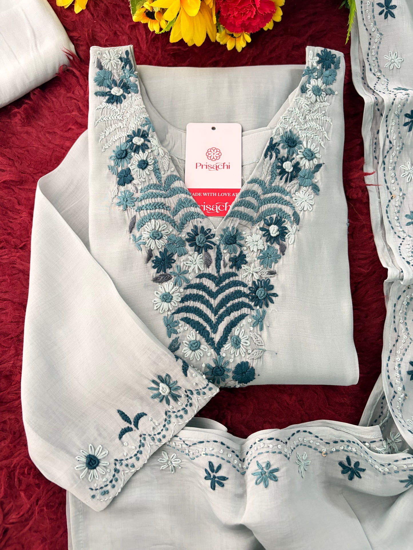 Blue Embroidered Ethnic Kurta set with Pants and Dupatta For Women's | Festive Party Wear Suit Set