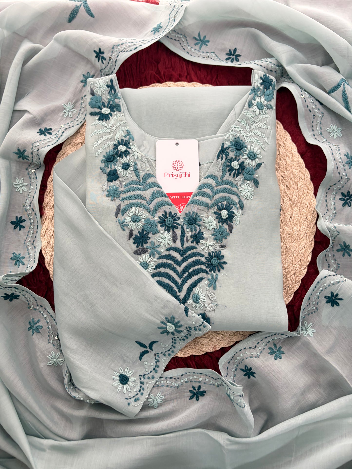Blue Embroidered Ethnic Kurta set with Pants and Dupatta For Women's | Festive Party Wear Suit Set