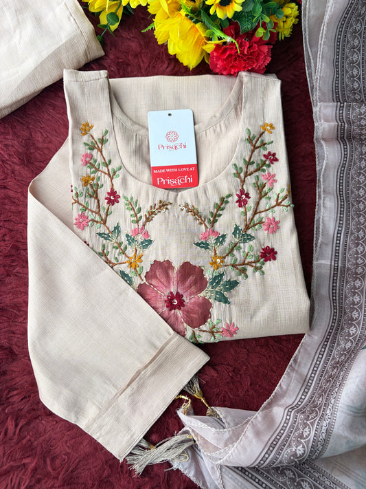 Beige Floral Embroidered Straight Kurta for Women with Round Neck | Elegant Multicolor Botanical Thread Work Ethnic Wear for Festive & Party Wear