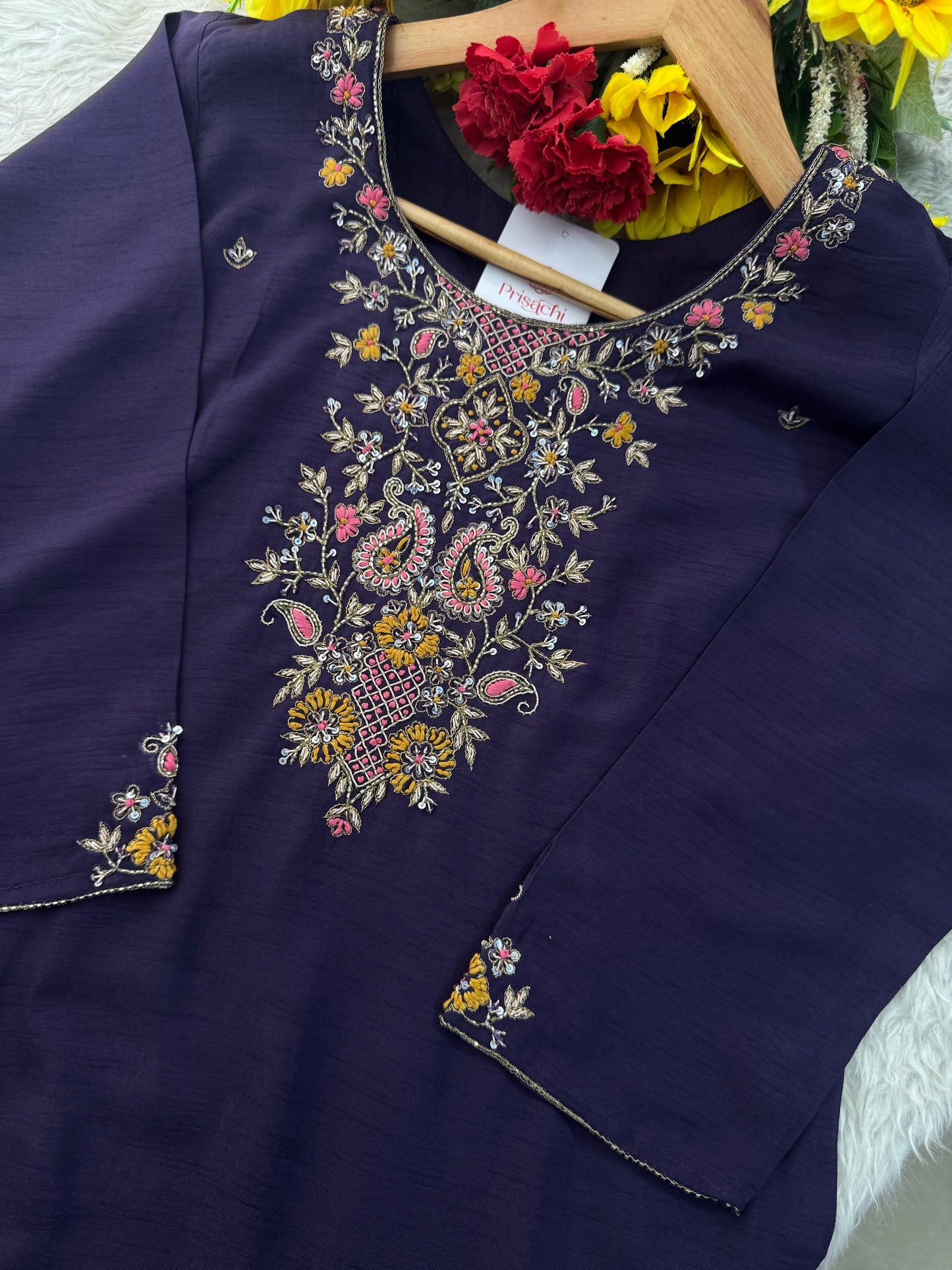 Purple Designer Ethnic Embroidered Kurta Set with Banarasi Dupatta & Pants | Traditional Festive Wear