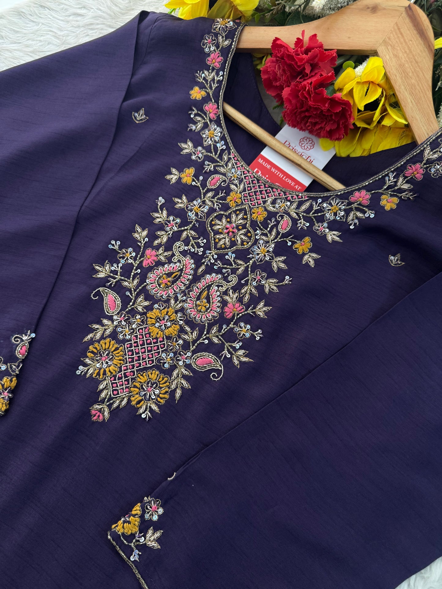 Purple Designer Ethnic Embroidered Kurta Set with Banarasi Dupatta & Pants | Traditional Festive Wear