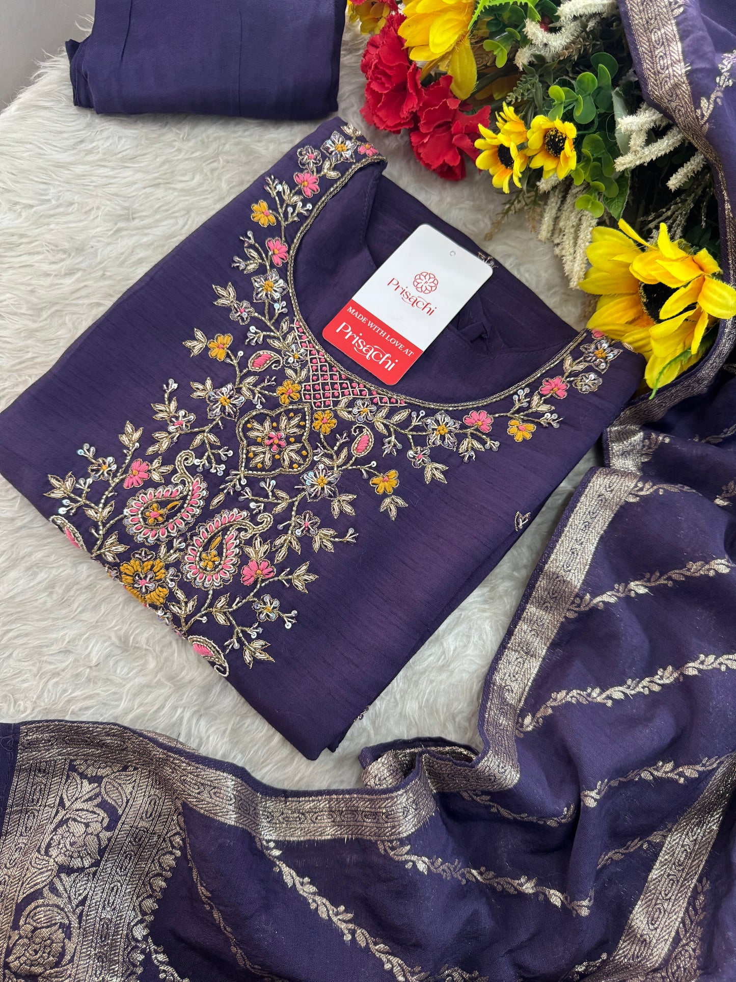 Purple Designer Ethnic Embroidered Kurta Set with Banarasi Dupatta & Pants | Traditional Festive Wear