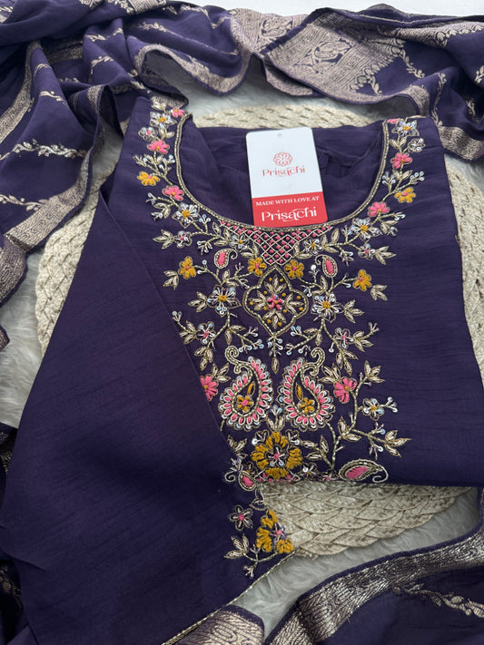Deep Purple Designer Ethnic Embroidered Kurta Set with Banarasi Dupatta & Pants | Traditional Festive Wear - Prisachi Official