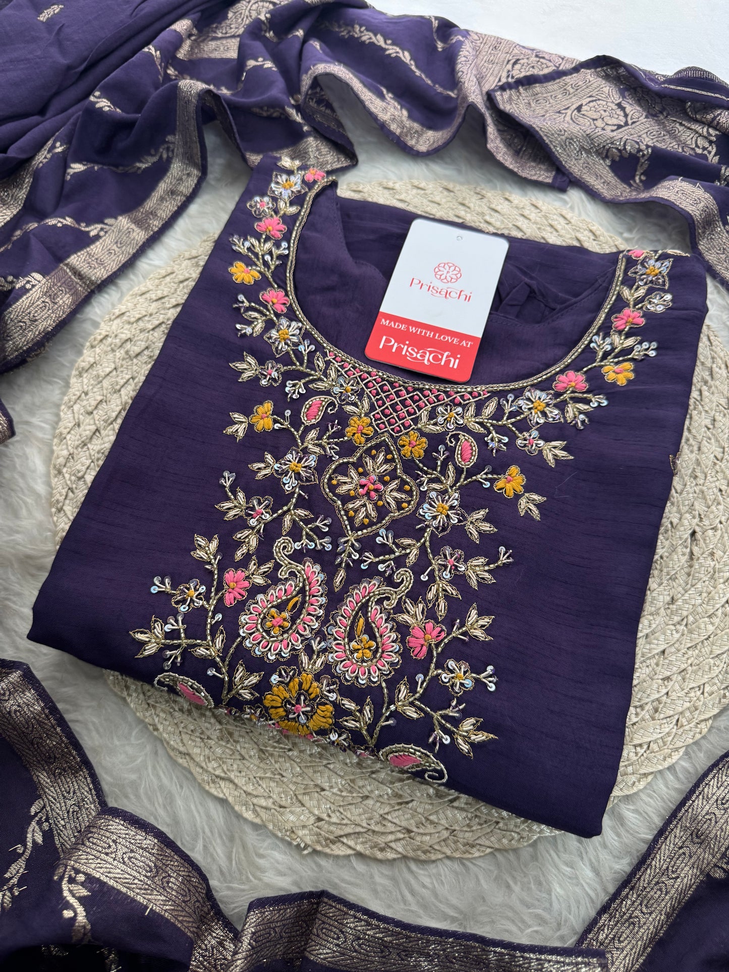 Purple Designer Ethnic Embroidered Kurta Set with Banarasi Dupatta & Pants | Traditional Festive Wear