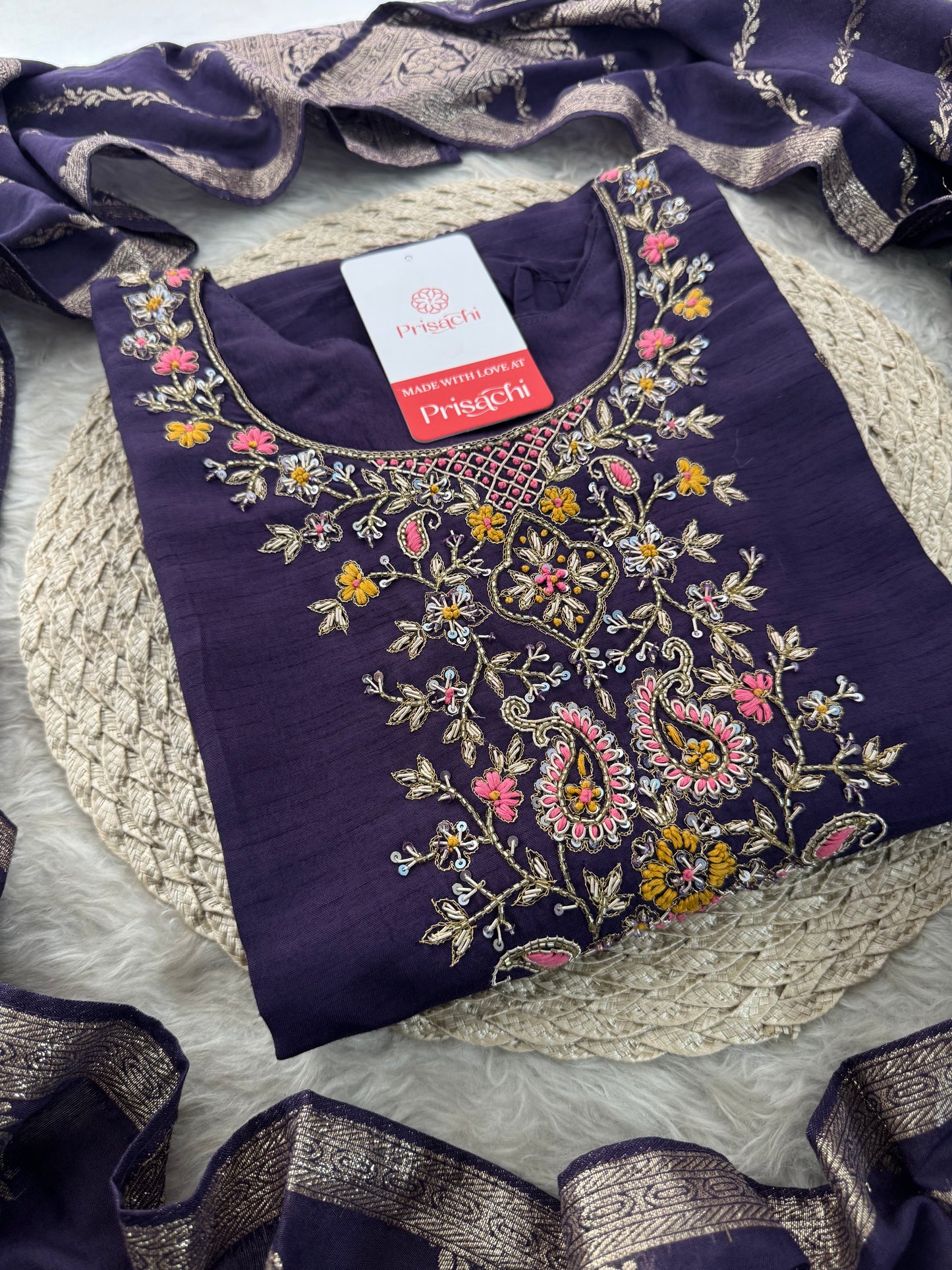 Purple Designer Ethnic Embroidered Kurta Set with Banarasi Dupatta & Pants | Traditional Festive Wear
