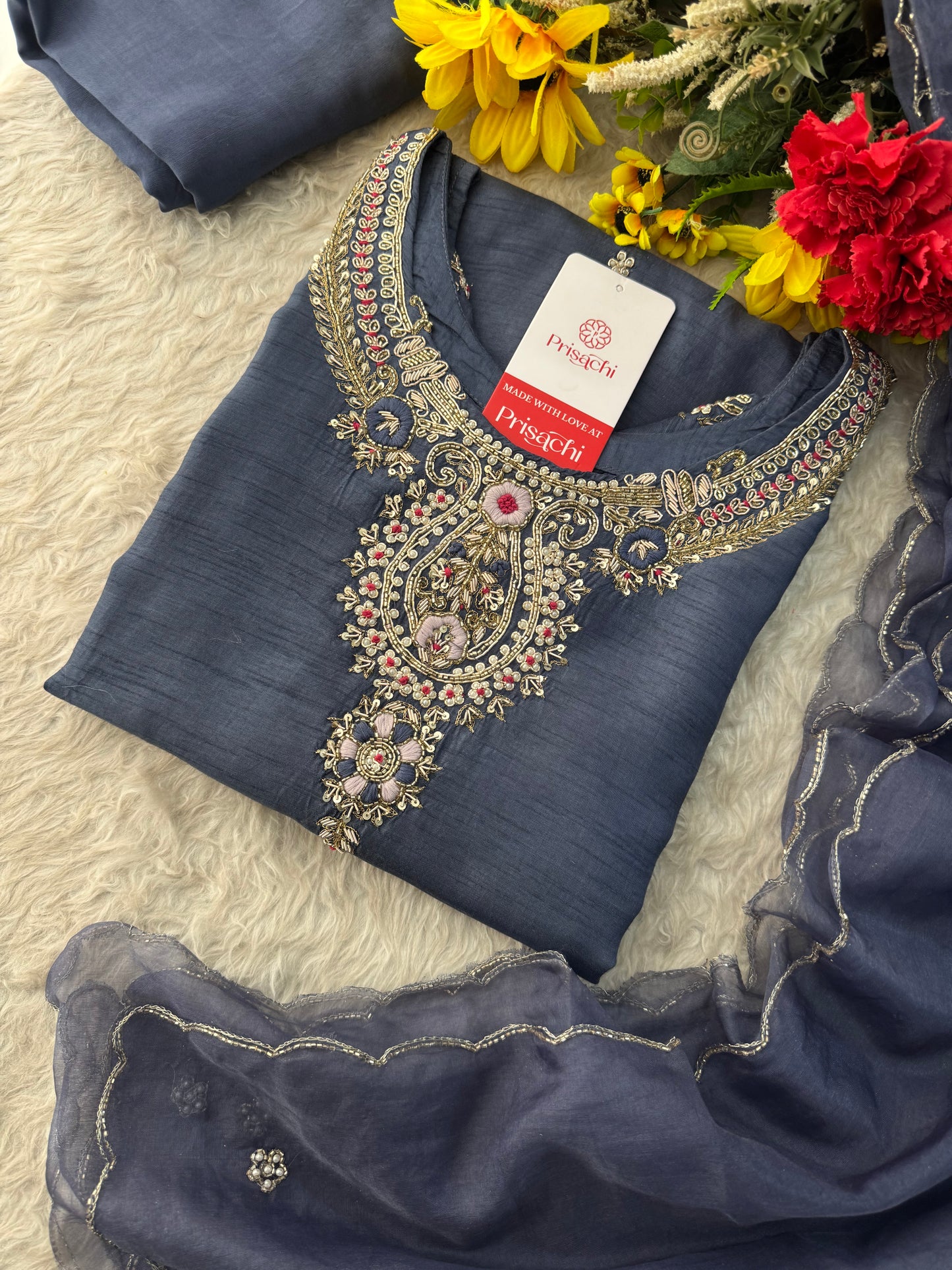 Designer Zardozi Embroidered Kurta Set with Pants & Dupatta for Women | Ethnic Festive & Wedding Wear