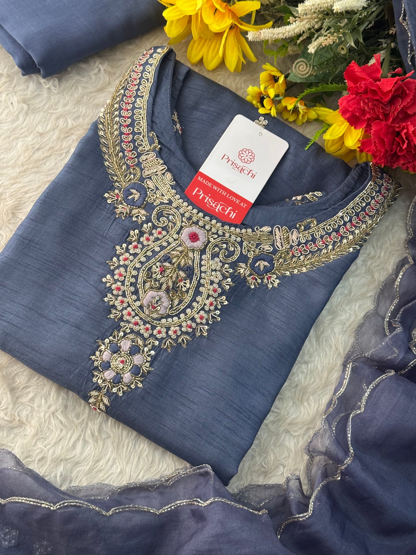 Designer Zardozi Embroidered Kurta Set with Pants & Dupatta for Women | Ethnic Festive & Wedding Wear