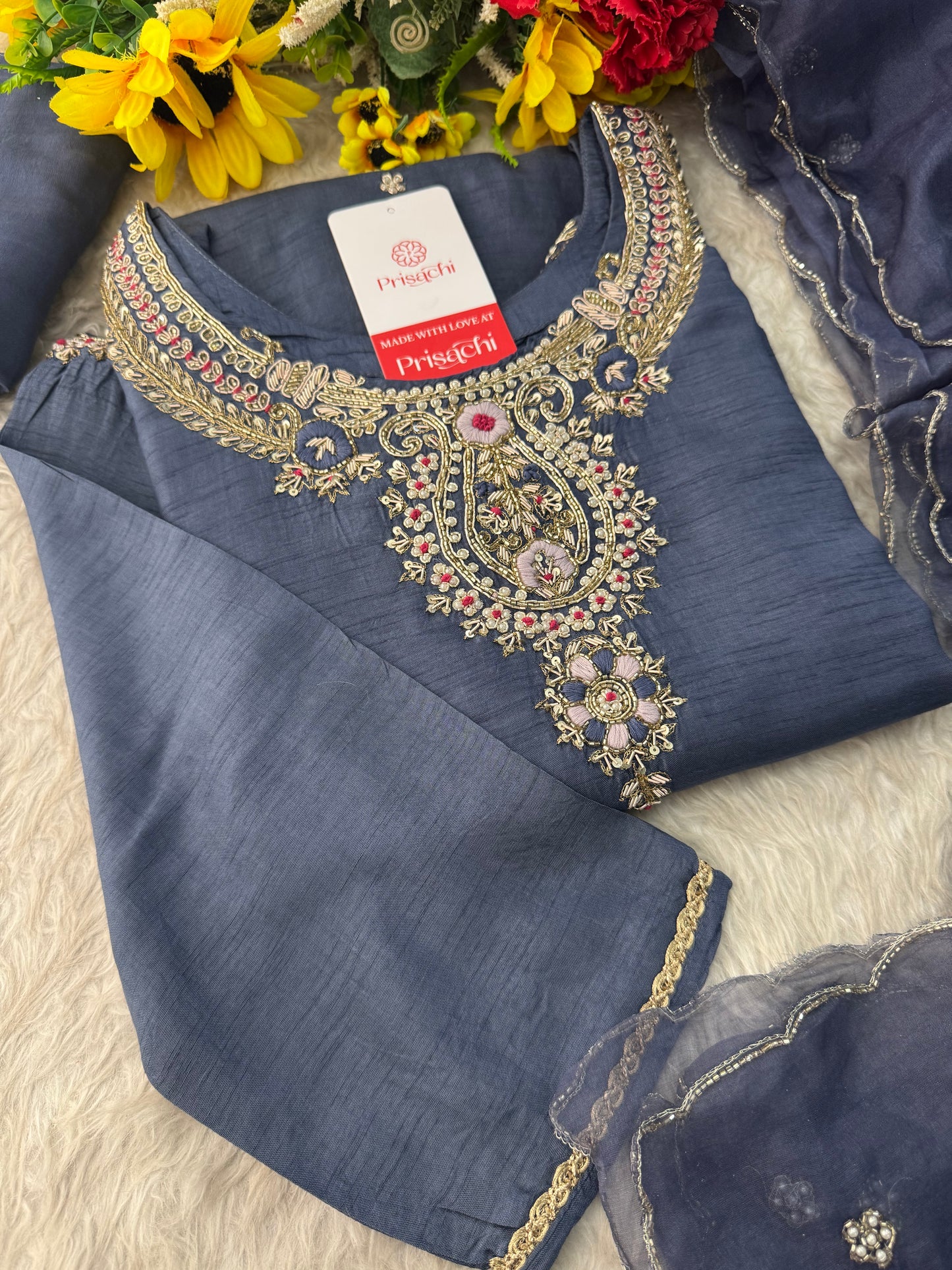 Designer Zardozi Embroidered Kurta Set with Pants & Dupatta for Women | Ethnic Festive & Wedding Wear