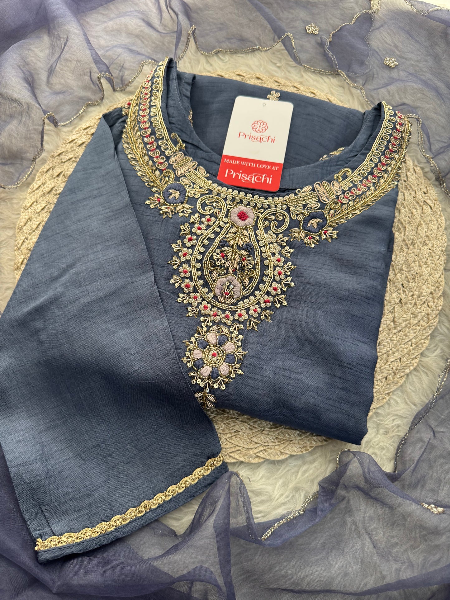 Designer Zardozi Embroidered Kurta Set with Pants & Dupatta for Women | Ethnic Festive & Wedding Wear