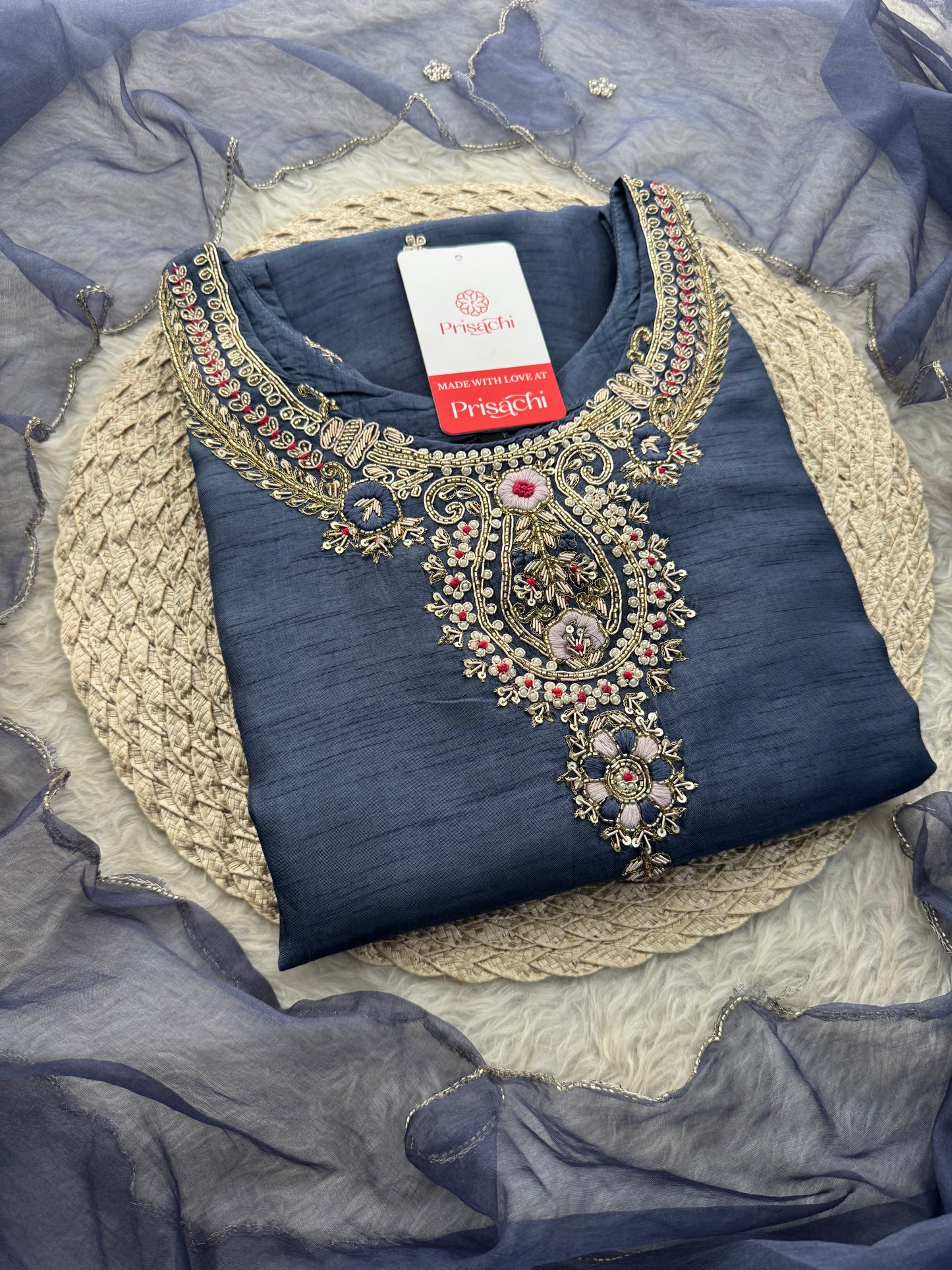 Designer Zardozi Embroidered Kurta Set with Pants & Dupatta for Women | Ethnic Festive & Wedding Wear