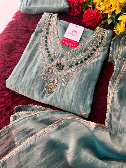 Pastel Blue Zardozi Embroidered Ethnic A-Line Kurta Set With Palazzo Pants  | Festive & Party wear