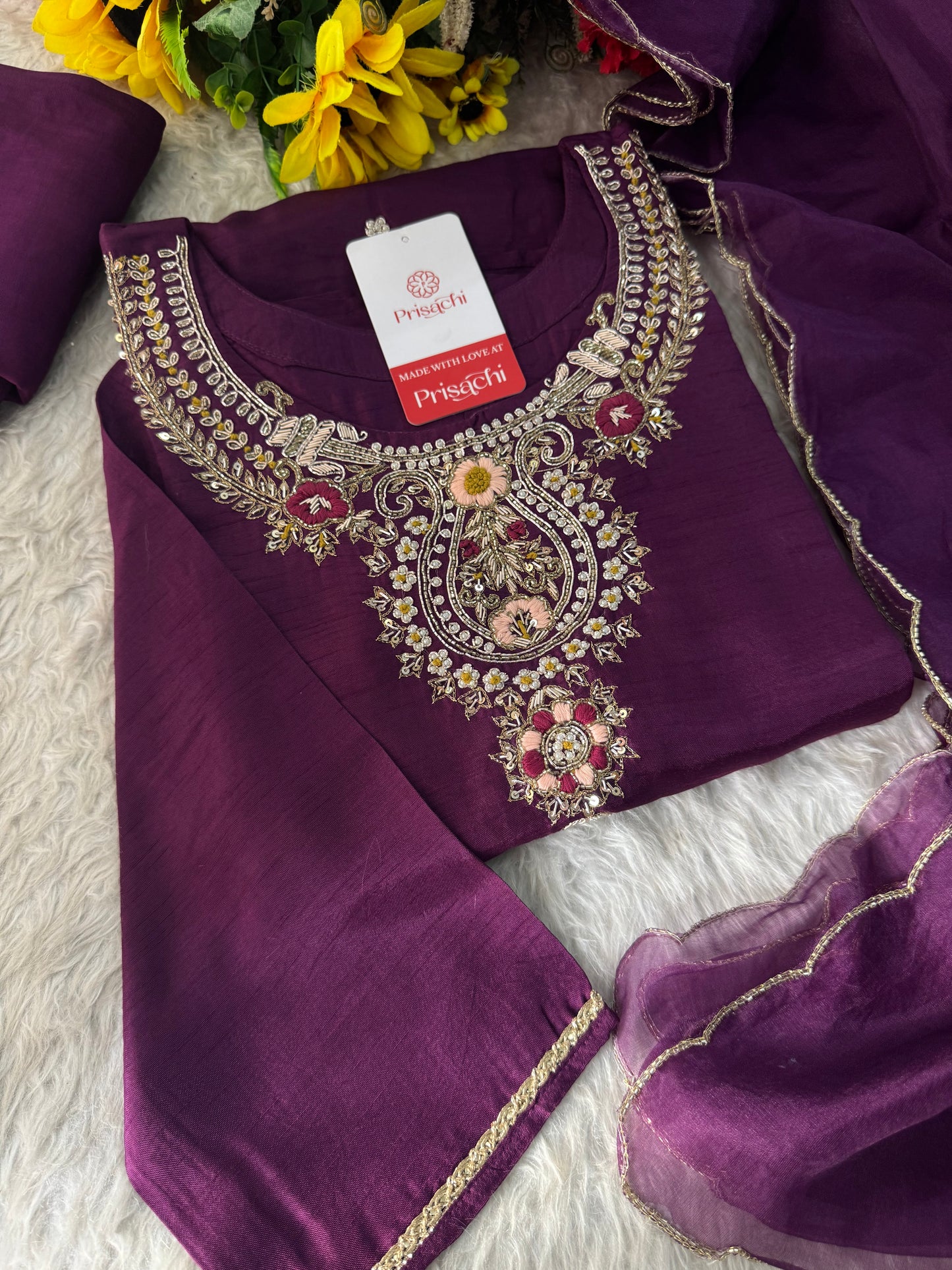 Designer Zardozi Embroidered Kurta Set with Pants & Dupatta for Women | Ethnic Festive & Wedding Wear