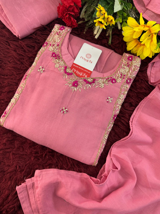 Designer Pink Zardozi Embroidered A-Line Ethnic Kurta Set with Dupatta & Pants
