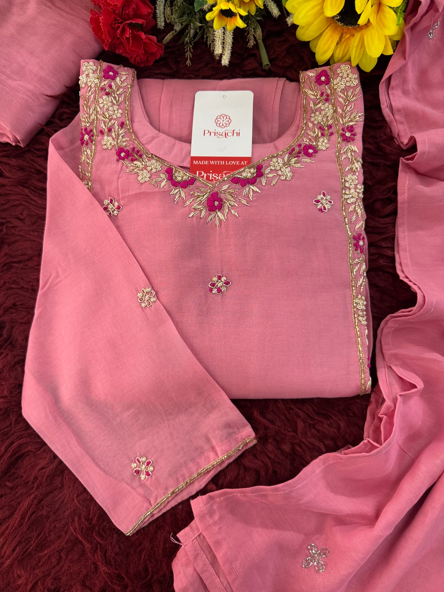 Designer Pink Zardozi Embroidered A-Line Ethnic Kurta Set with Dupatta & Pants