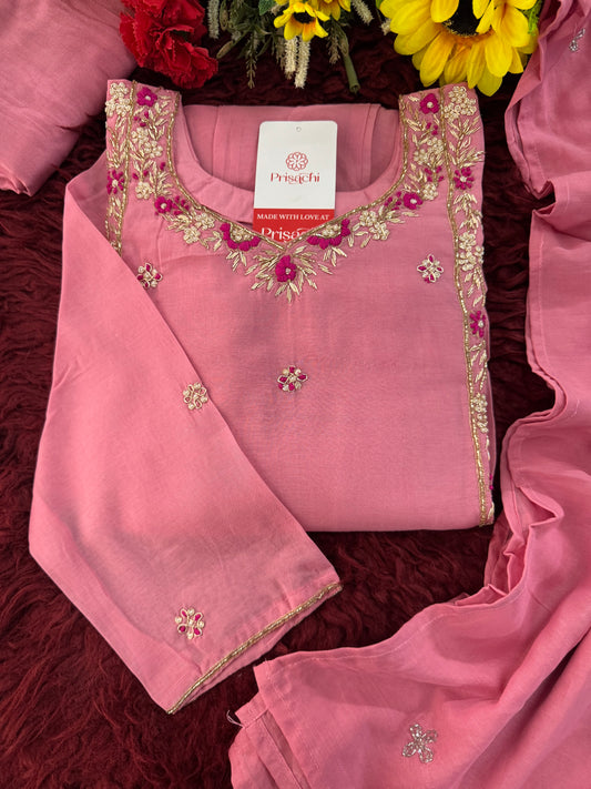 Designer Pink Zardozi Embroidered A-Line Ethnic Kurta Set with Dupatta & Pants