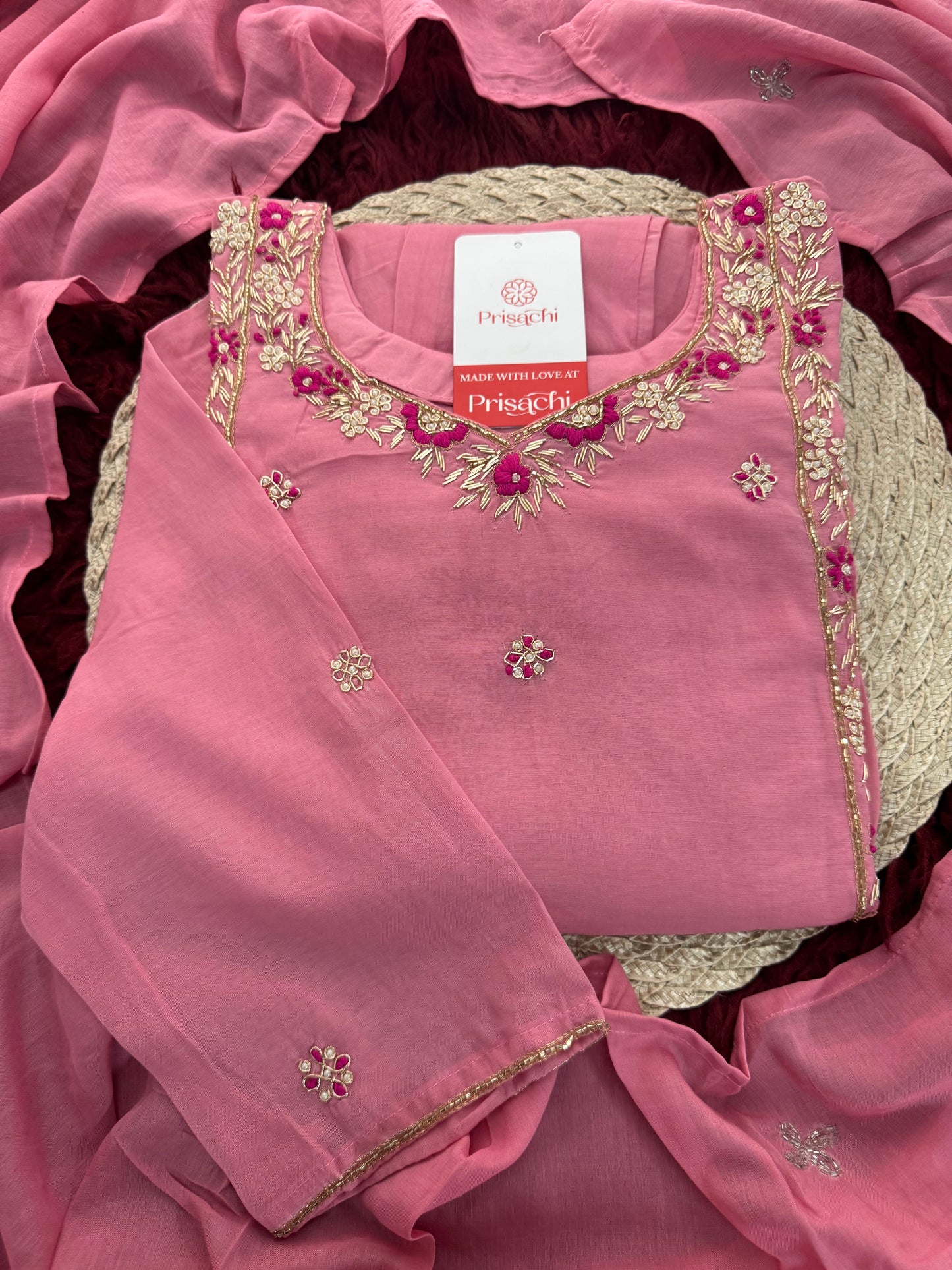 Designer Pink Zardozi Embroidered A-Line Ethnic Kurta Set with Dupatta & Pants