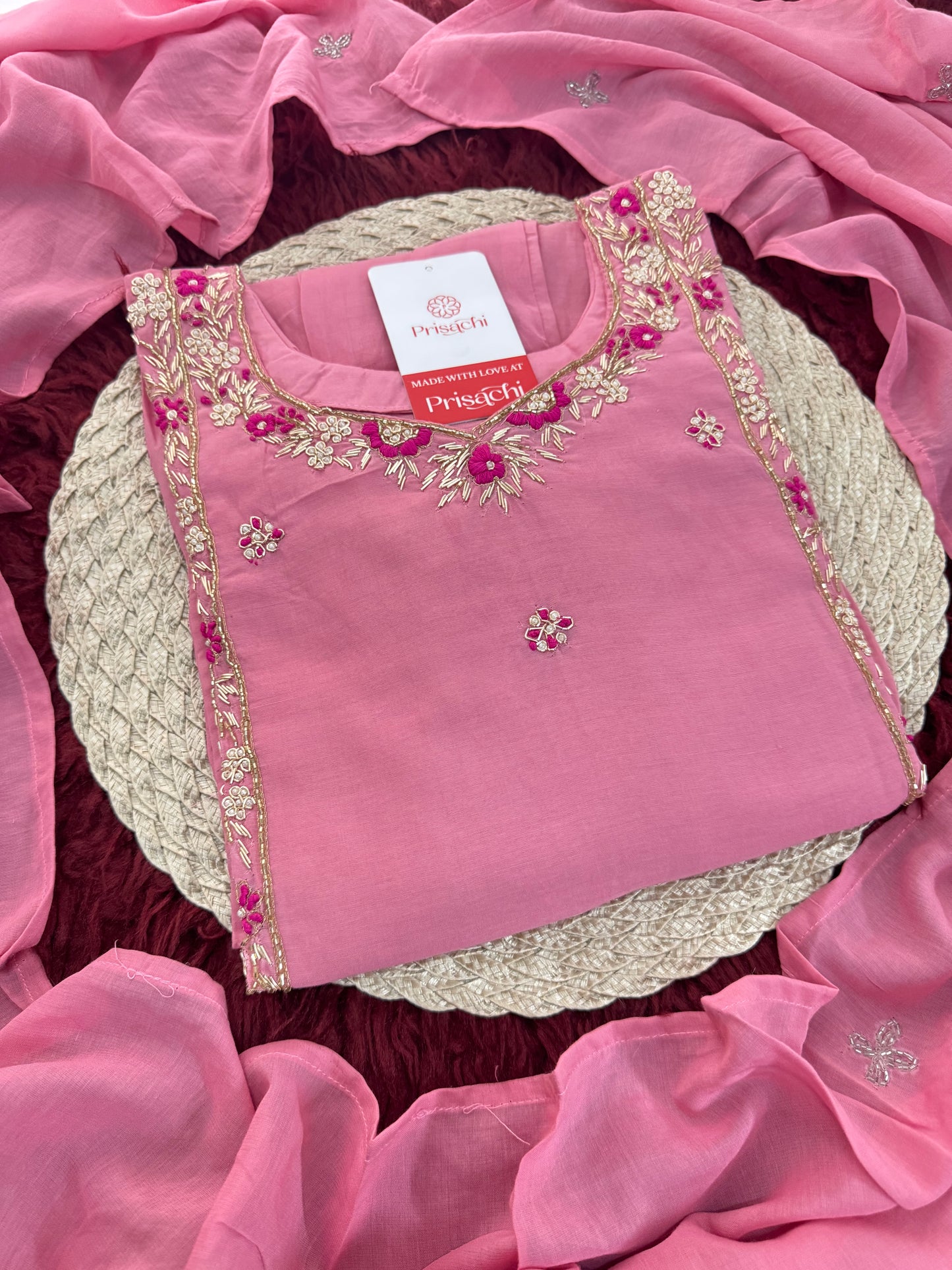 Designer Pink Zardozi Embroidered A-Line Ethnic Kurta Set with Dupatta & Pants