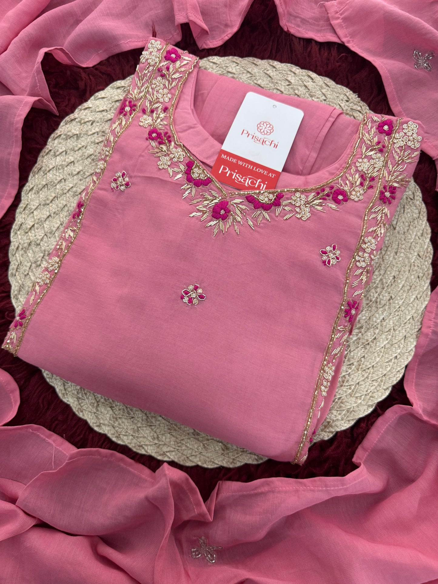 Designer Pink Zardozi Embroidered A-Line Ethnic Kurta Set with Dupatta & Pants