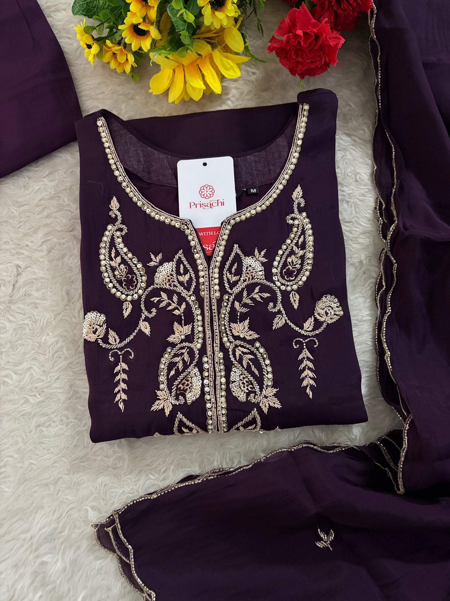 Deep Purple Embroidered Kurta Set With Pants & Dupatta For Women| Traditional, Festive & Party Wear