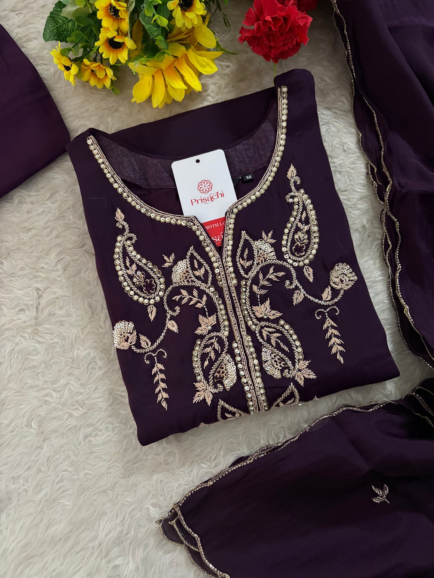 Deep Purple Embroidered Kurta Set With Pants & Dupatta For Women| Traditional, Festive & Party Wear
