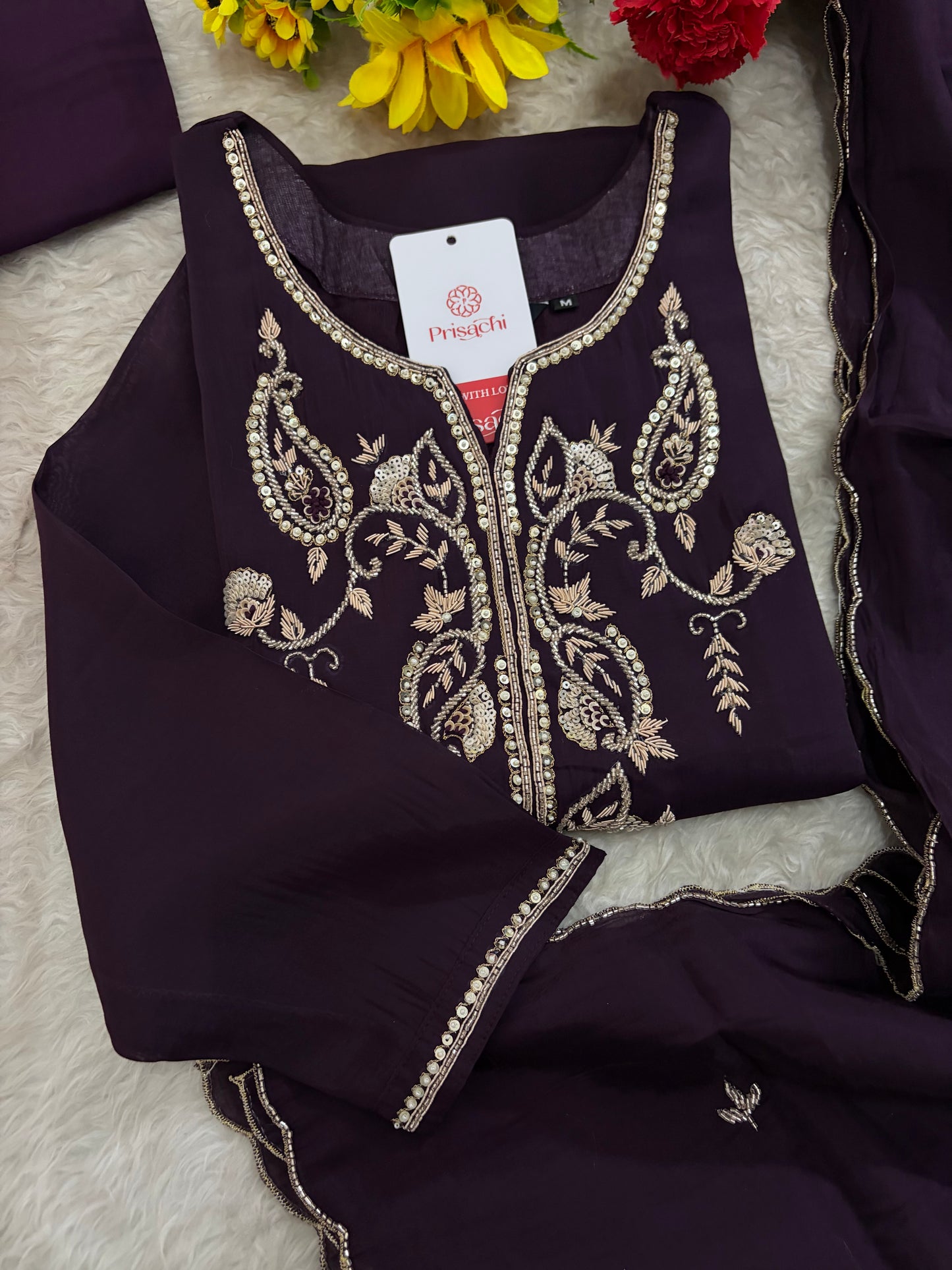 Deep Purple Embroidered Kurta Set With Pants & Dupatta For Women| Traditional, Festive & Party Wear