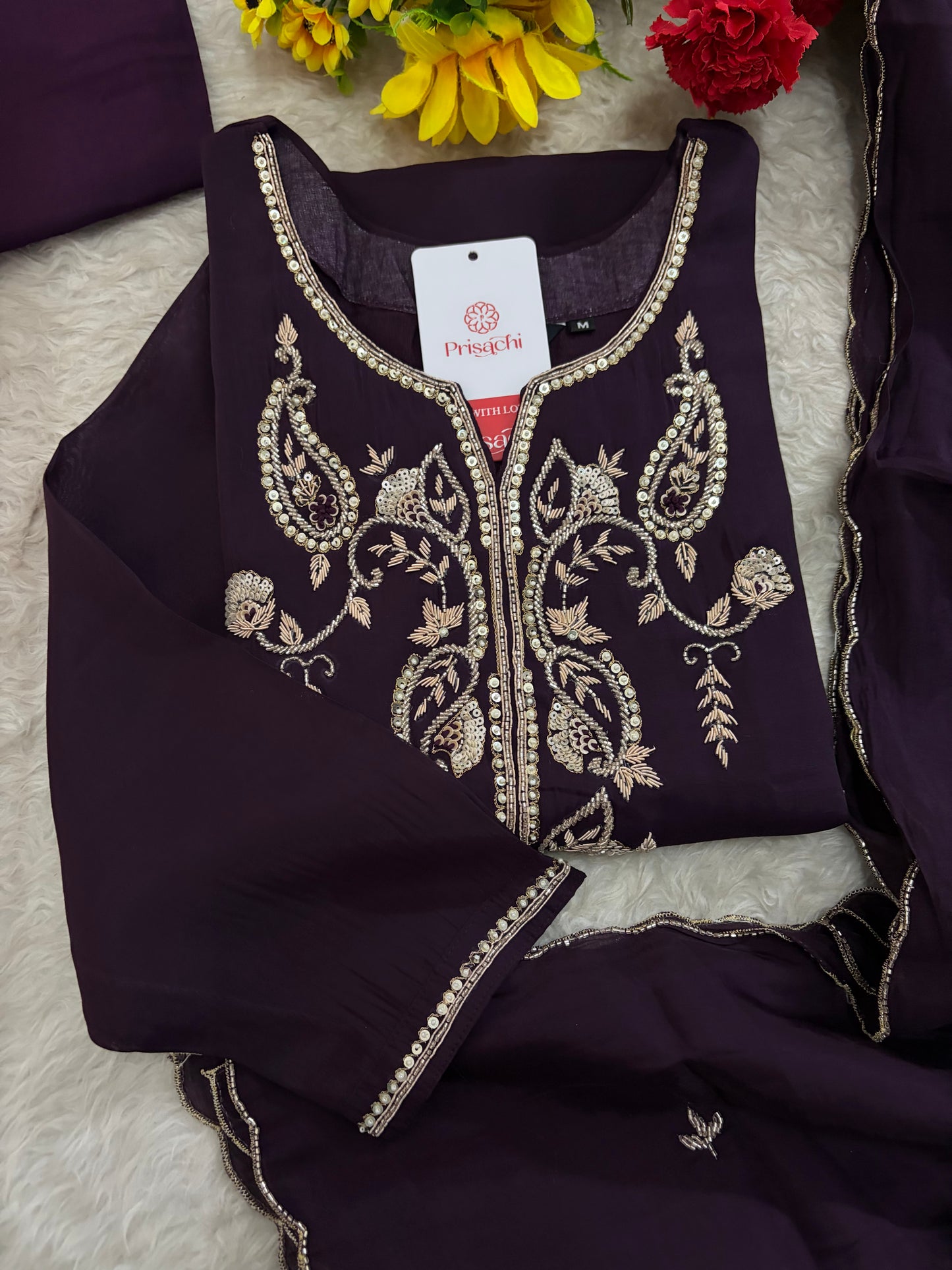 Deep Purple Embroidered Kurta Set With Pants & Dupatta For Women| Traditional, Festive & Party Wear
