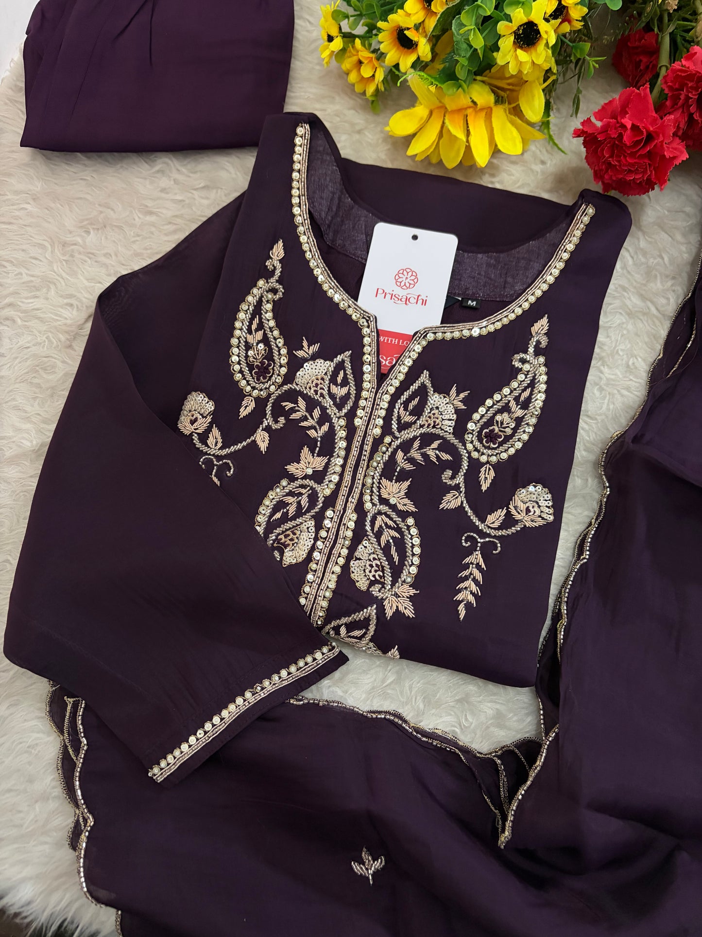 Deep Purple Embroidered Kurta Set With Pants & Dupatta For Women| Traditional, Festive & Party Wear