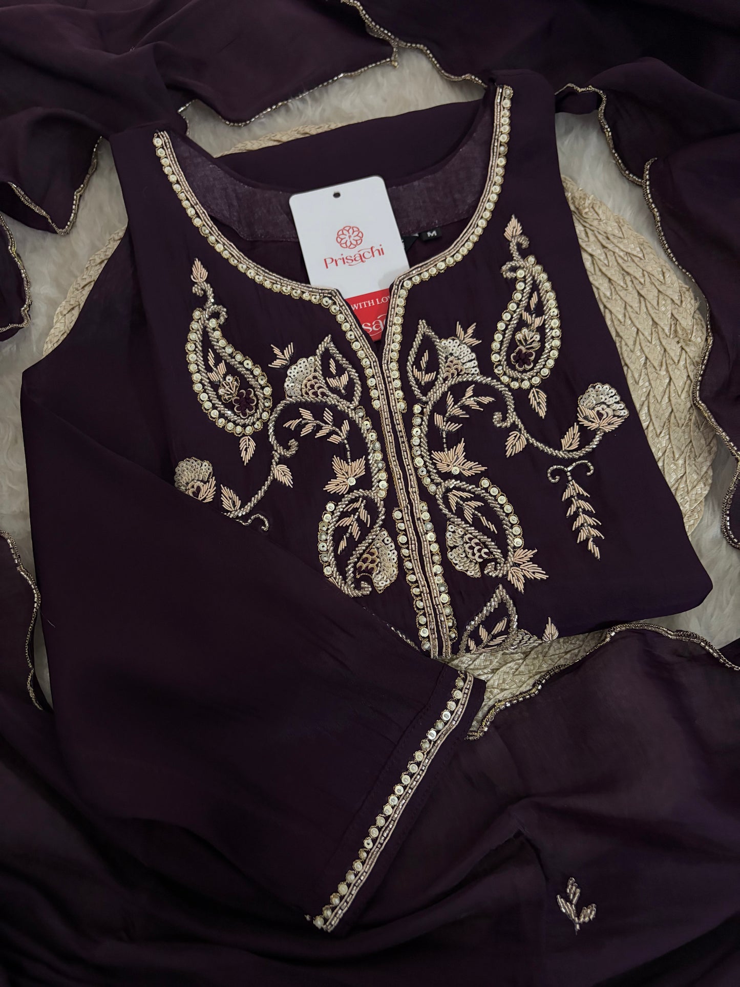 Deep Purple Embroidered Kurta Set With Pants & Dupatta For Women| Traditional, Festive & Party Wear