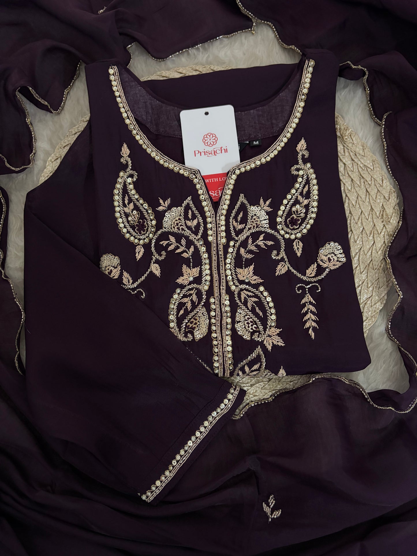 Deep Purple Embroidered Kurta Set With Pants & Dupatta For Women| Traditional, Festive & Party Wear