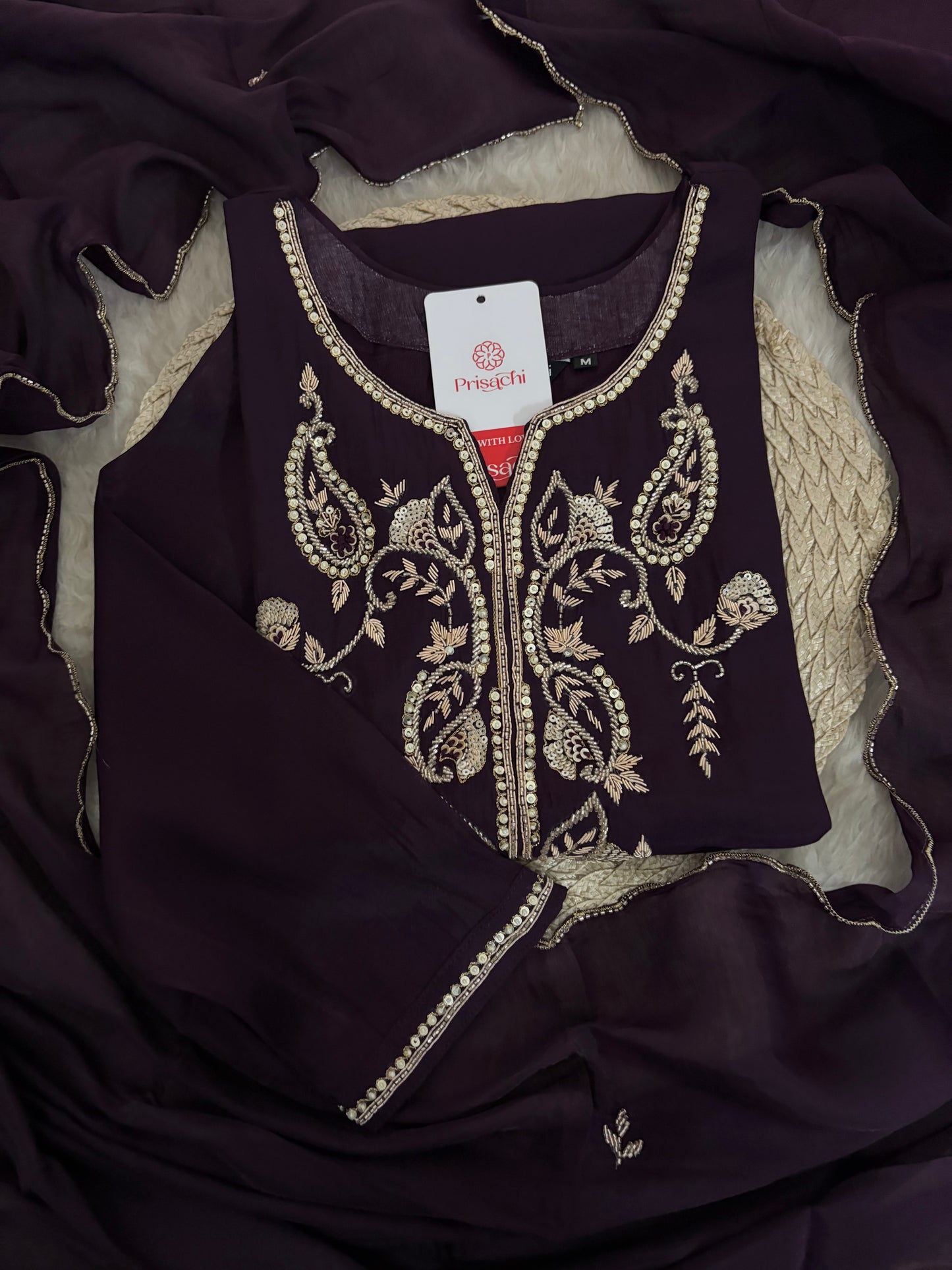 Deep Purple Embroidered Kurta Set With Pants & Dupatta For Women| Traditional, Festive & Party Wear