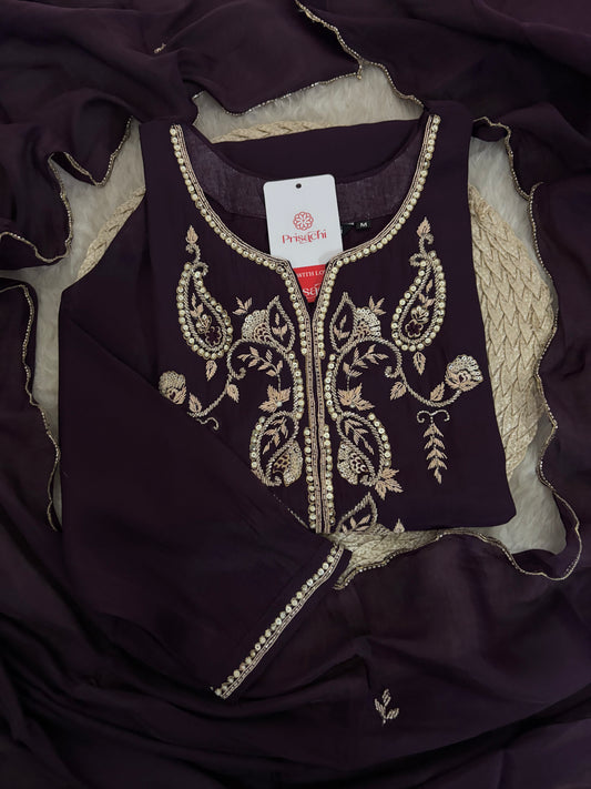 Deep Purple Embroidered Kurta Set With Pants & Dupatta For Women| Traditional, Festive & Party Wear