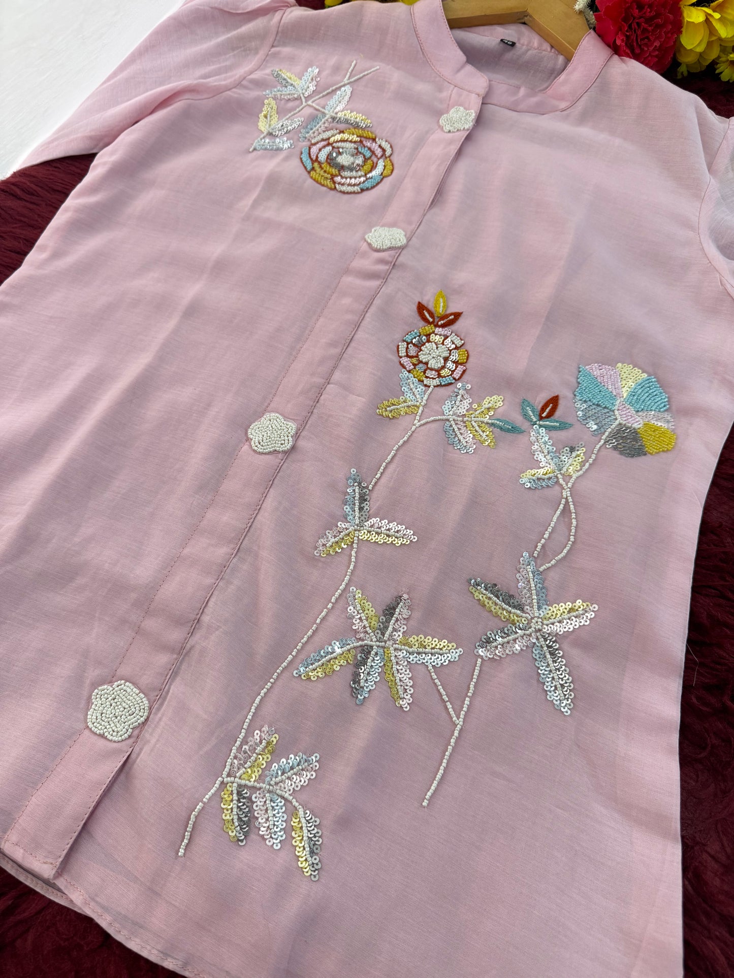 Pink Floral Embroidered Co-ord Set for Women | Designer Ethnic Office & Casual Wear