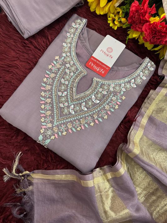 Lavender Embroidered Kurta Set with Pants & Dupatta | Traditional Ethnic Wear Suit Set