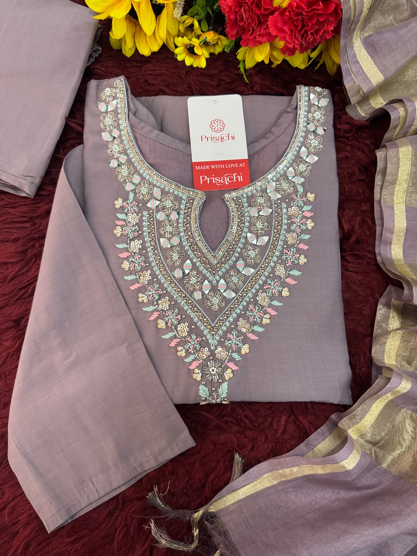 Lavender Embroidered Kurta Set with Pants & Dupatta | Traditional Ethnic Wear Suit Set