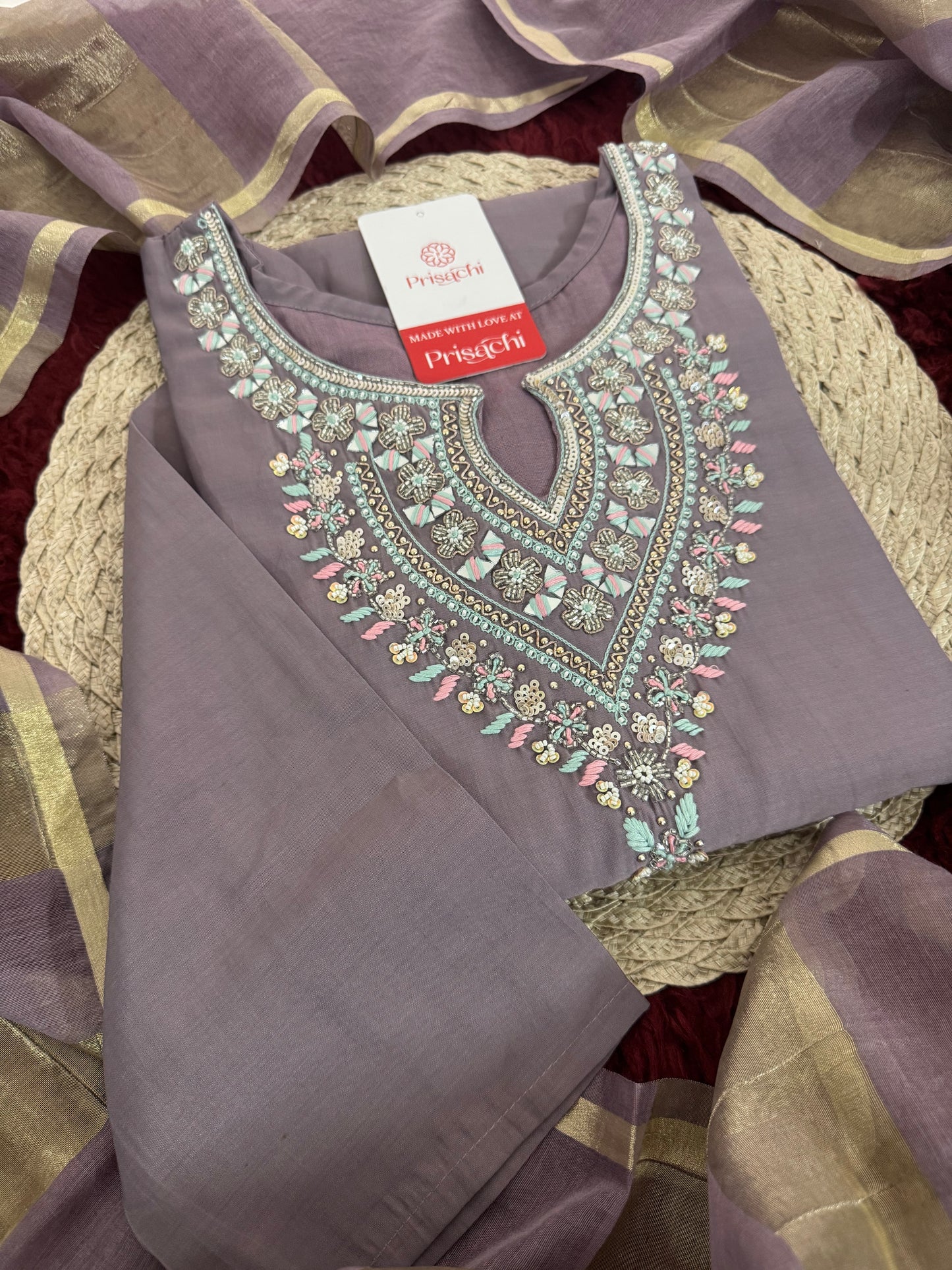 Lavender Embroidered Kurta Set with Pants & Dupatta | Traditional Ethnic Wear Suit Set