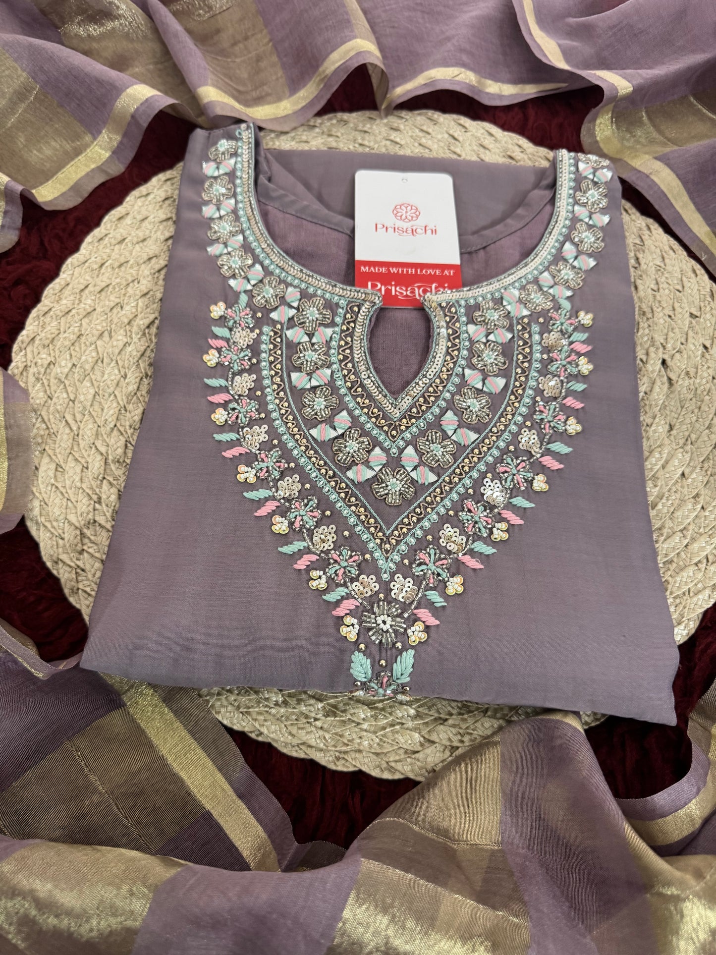 Lavender Embroidered Kurta Set with Pants & Dupatta | Traditional Ethnic Wear Suit Set