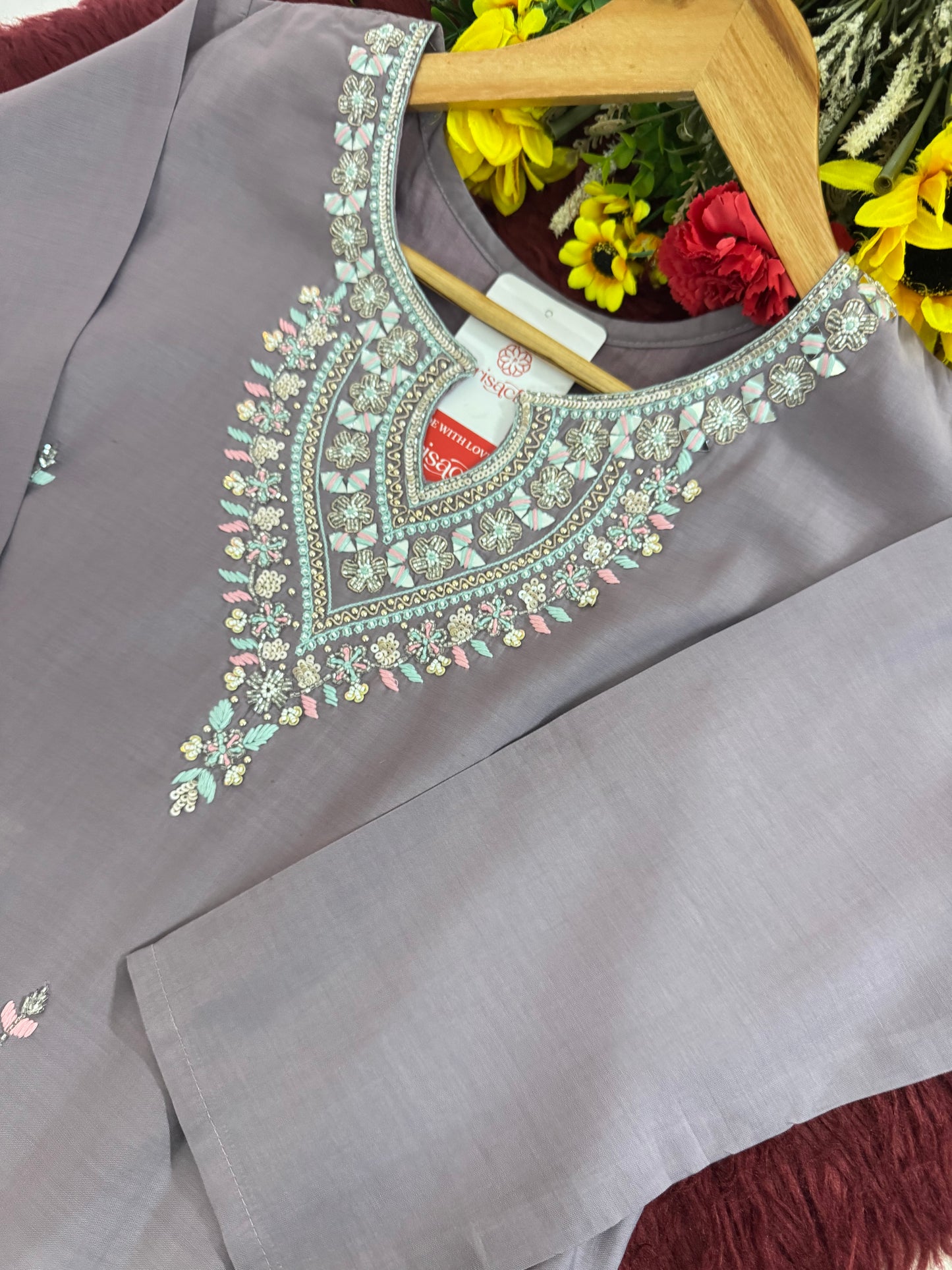 Lavender Embroidered Kurta Set with Pants & Dupatta | Traditional Ethnic Wear Suit Set