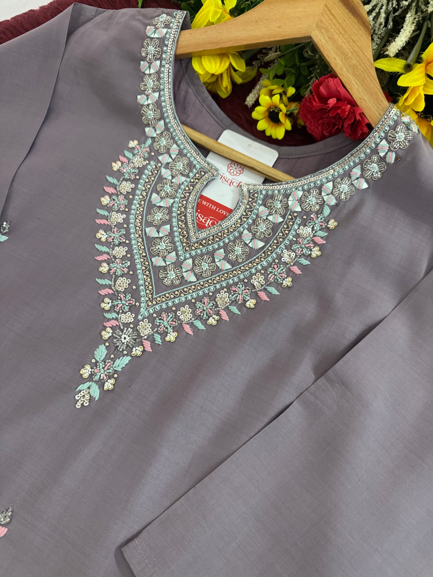Lavender Embroidered Kurta Set with Pants & Dupatta | Traditional Ethnic Wear Suit Set