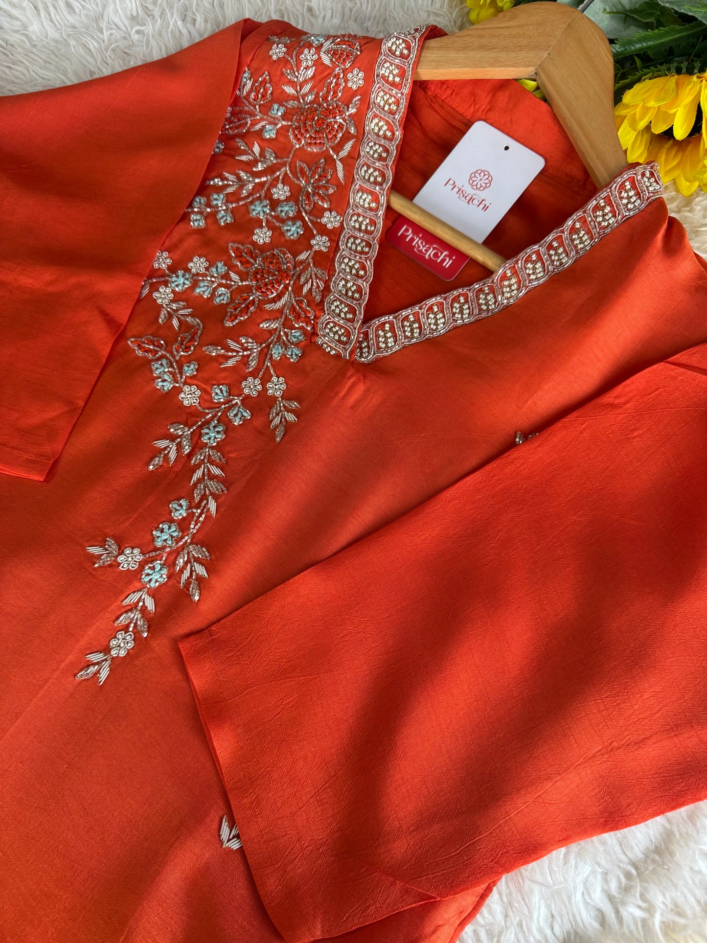 Orange Embroidered Kurta set with dupatta & Pant