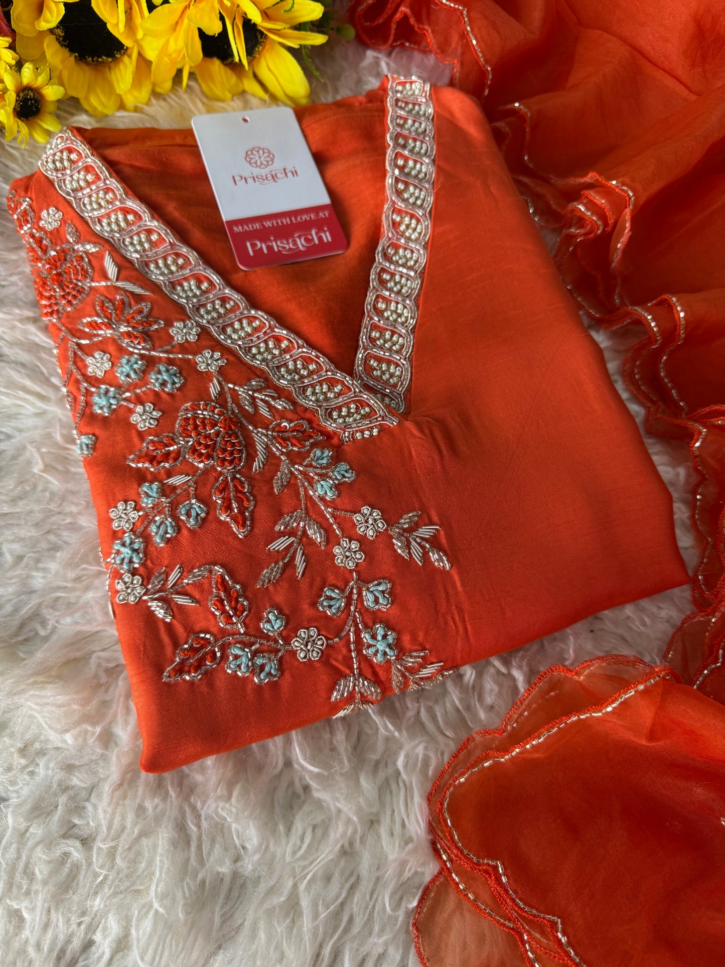 Orange Embroidered Kurta set with dupatta & Pant
