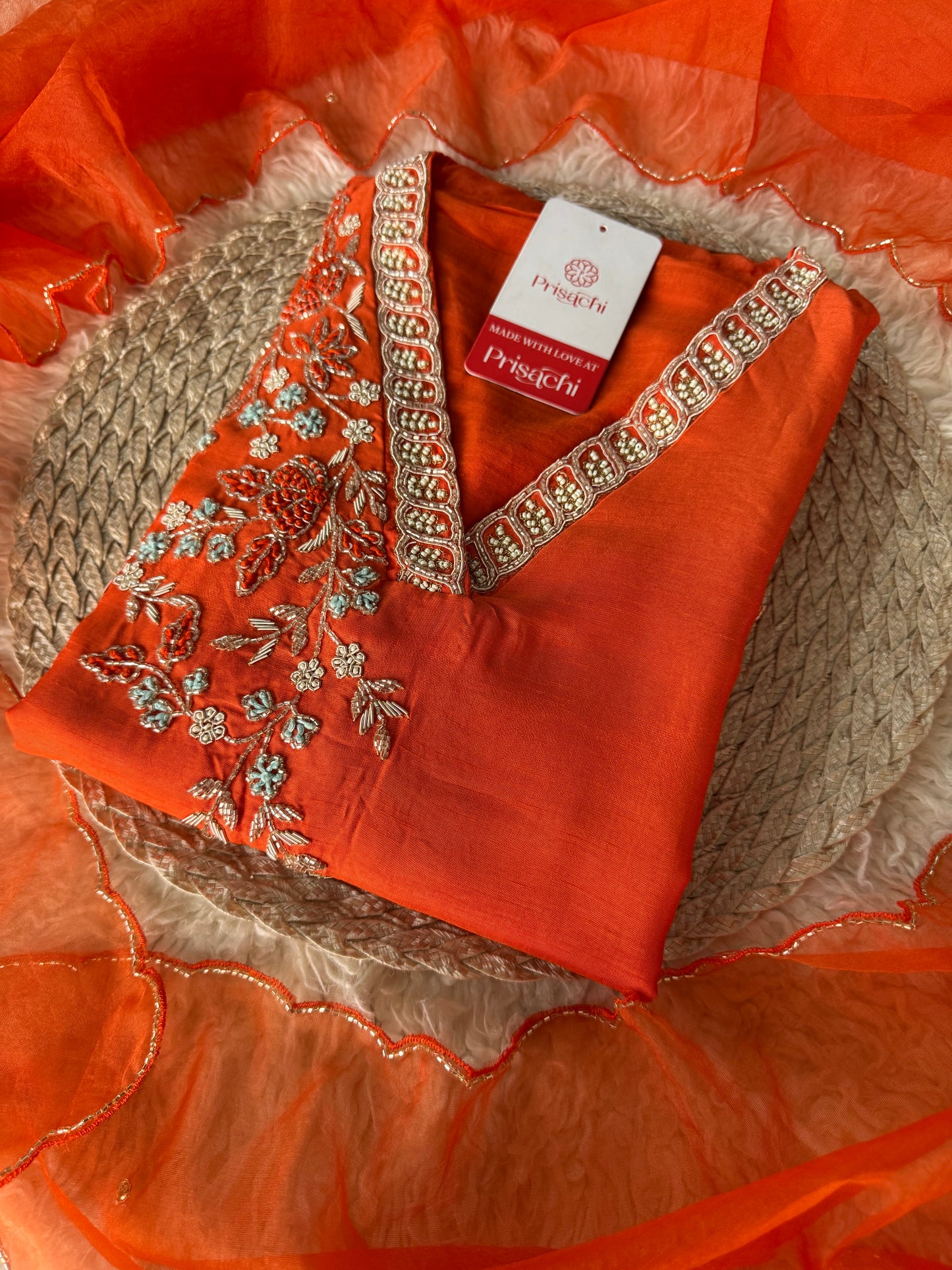 Orange Embroidered Kurta set with dupatta & Pant