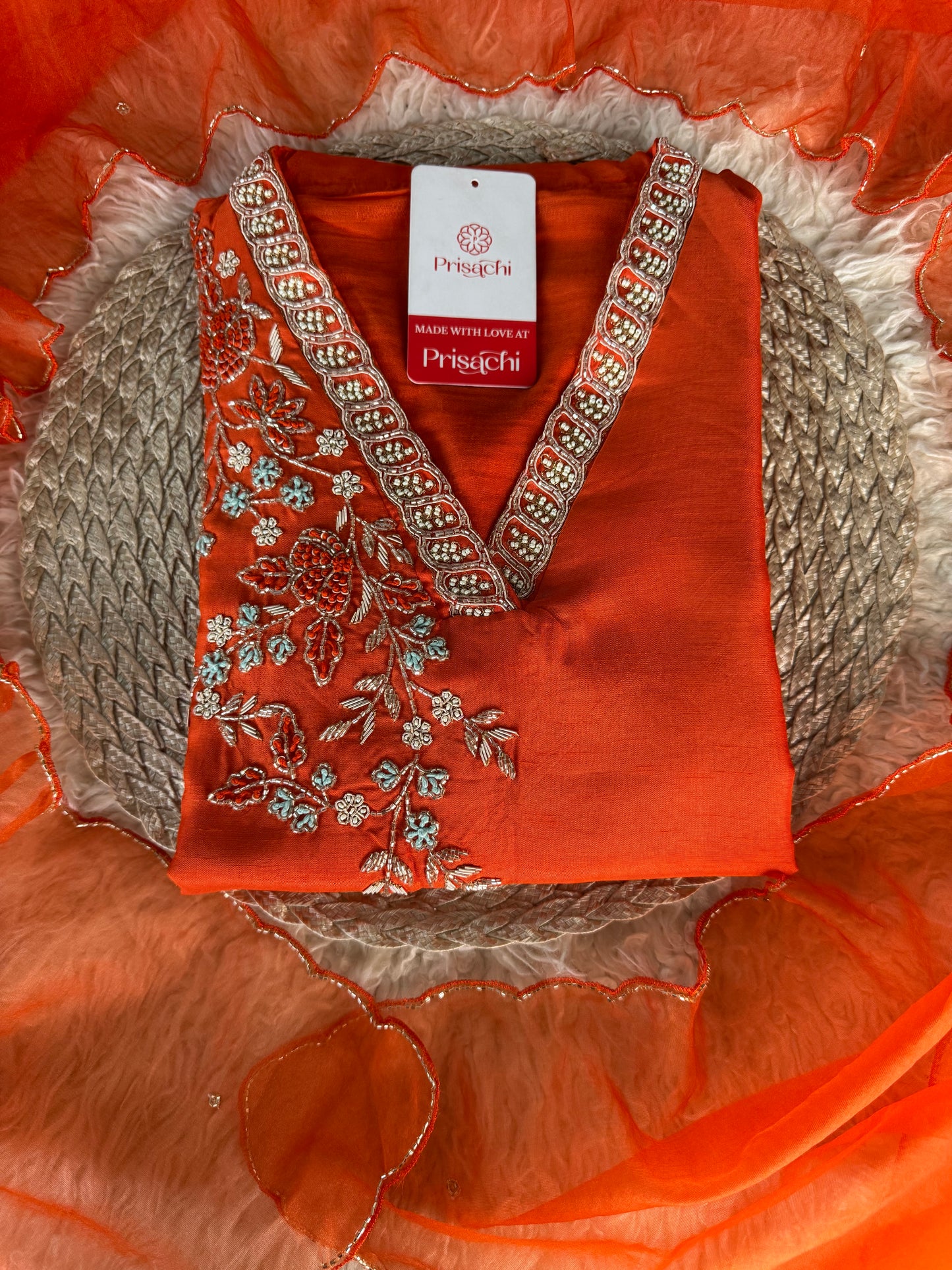 Orange Embroidered Kurta set with dupatta & Pant