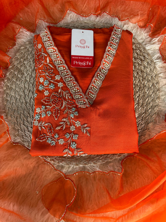 Orange Embroidered Kurta set with dupatta & Pant