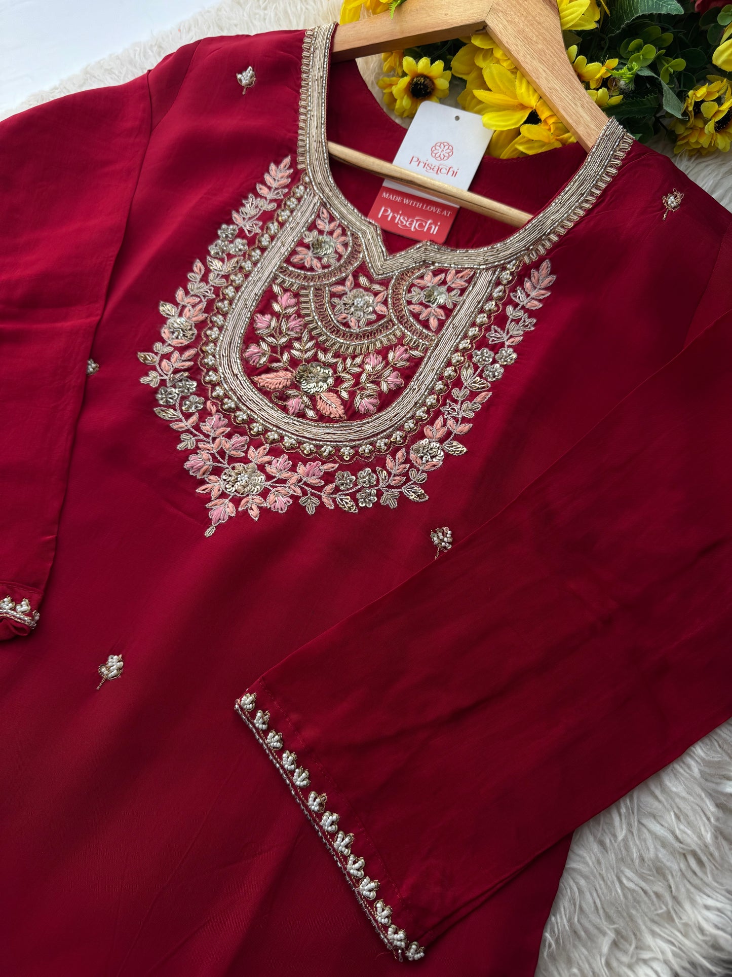 Maroon Designer Embroidered kurta set with pant and dupatta - Prisachi Official