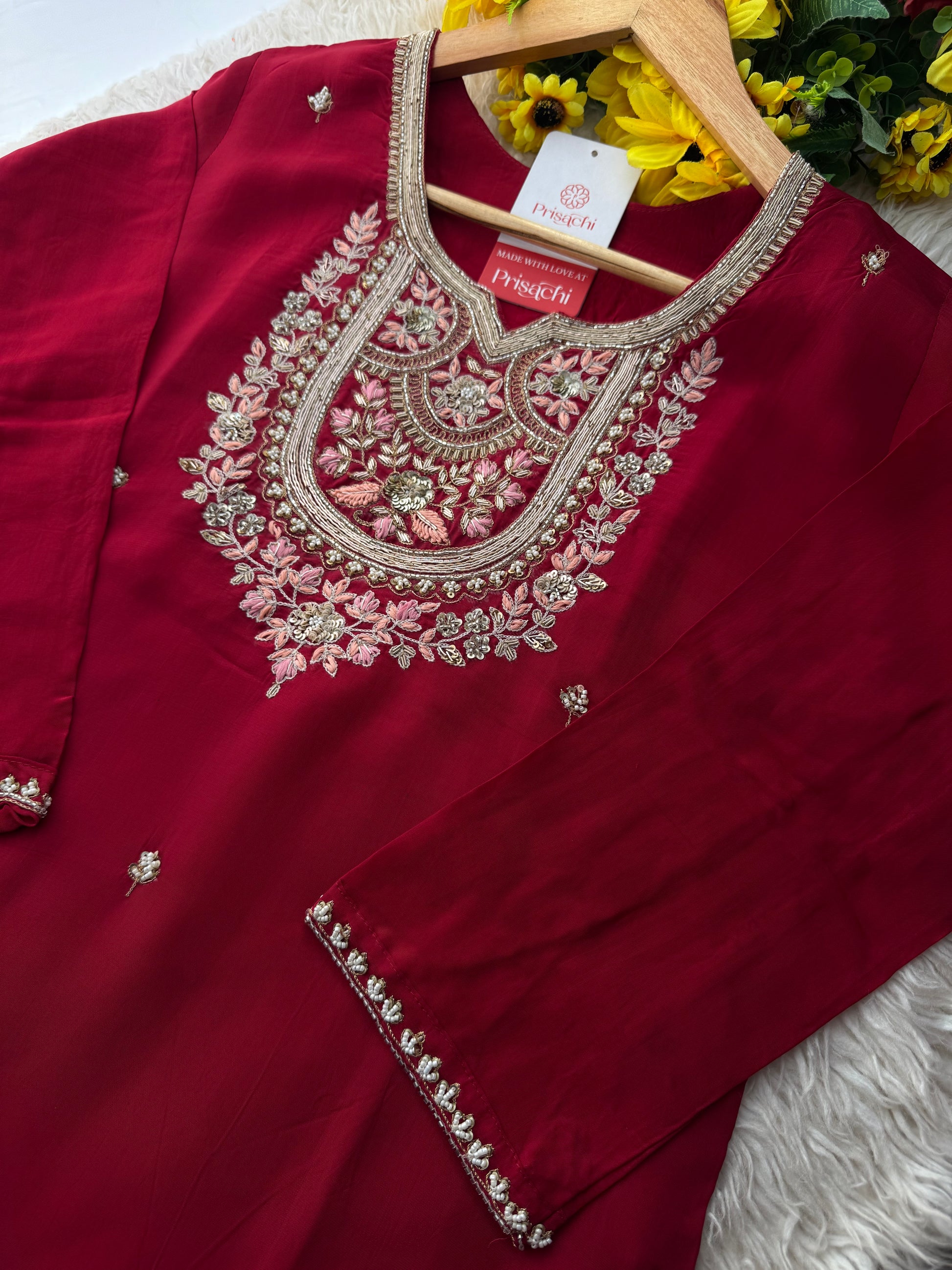 Maroon Designer Embroidered kurta set with pant and dupatta - Prisachi Official