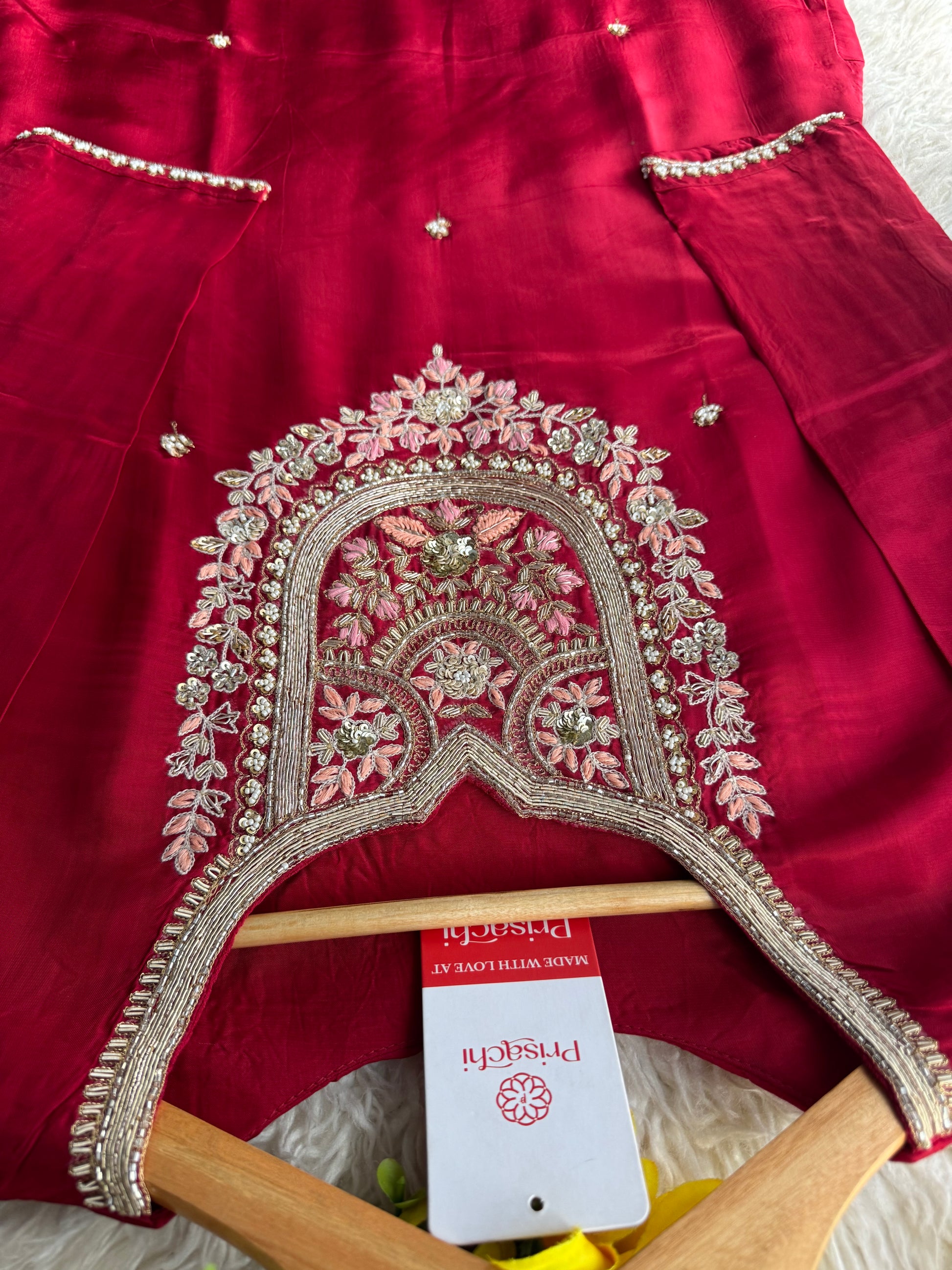 Maroon Designer Embroidered kurta set with pant and dupatta - Prisachi Official