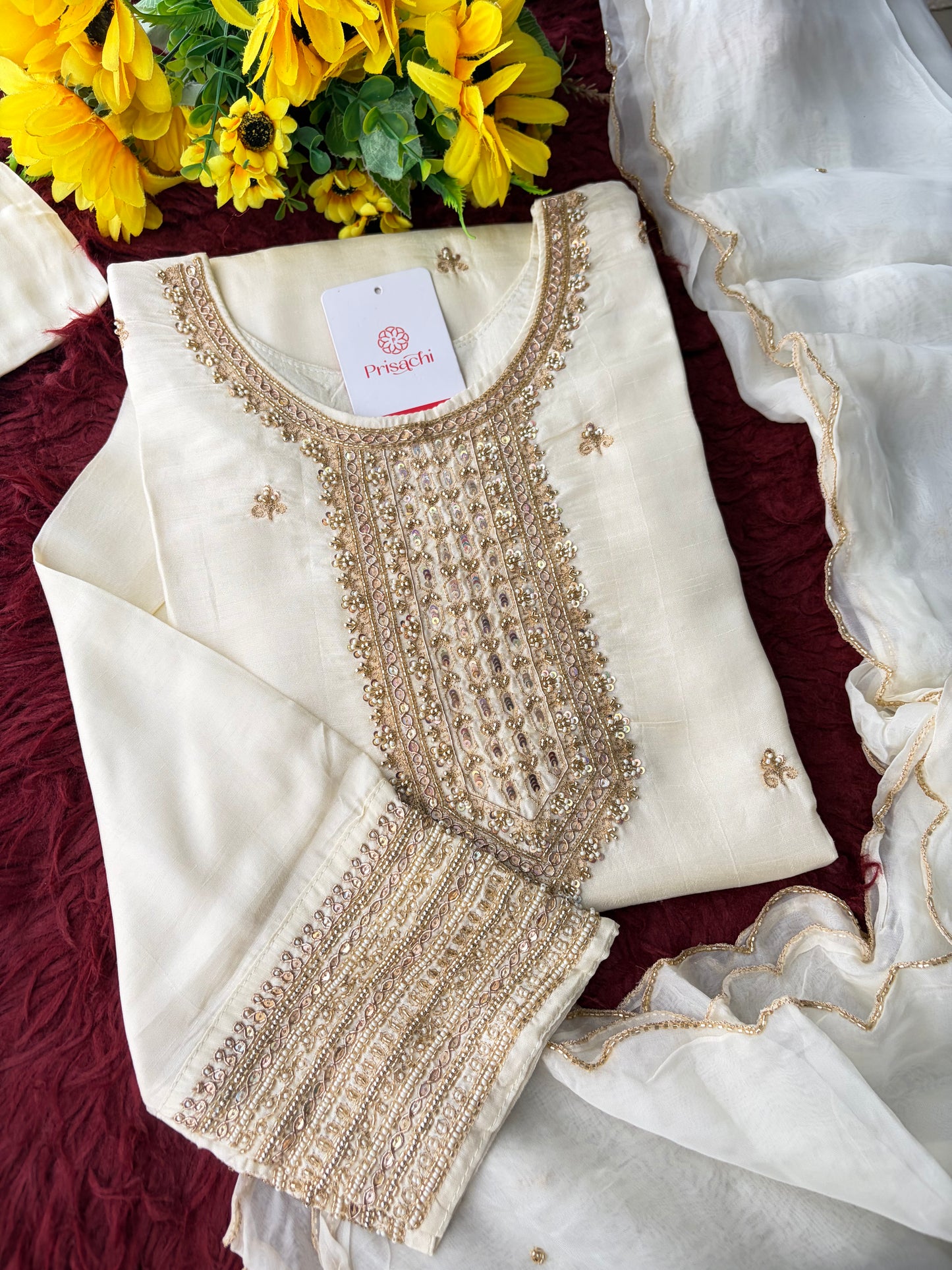 White Zardozi Embroidered Kurta Set with Dupatta & Pants | Festive & Ethnic Wear
